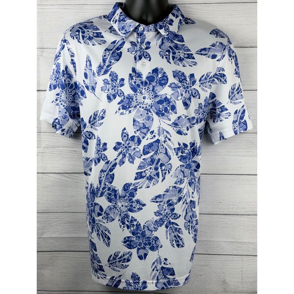 PGA Tour Polo Shirt Mens Large Blue Floral Golf Performance Short Sleeve Stretch - Picture 2 of 10
